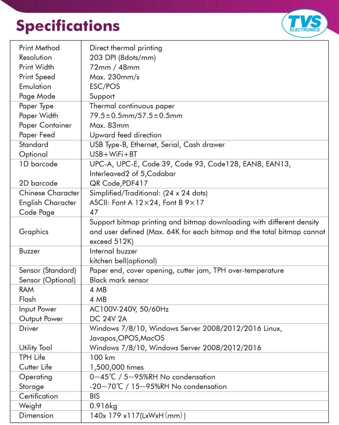 TVS RP 3230 Receipt Printer 3", 203 DPI Thermal Line Printer TVS ELECTRONICS