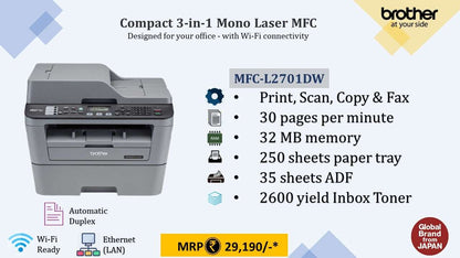 Brother MFC-L2701DW All in One Laser Printer ( Monochrome ) BROTHER