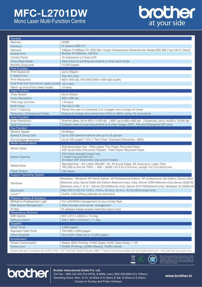 Brother MFC-L2701DW All in One Laser Printer ( Monochrome ) BROTHER