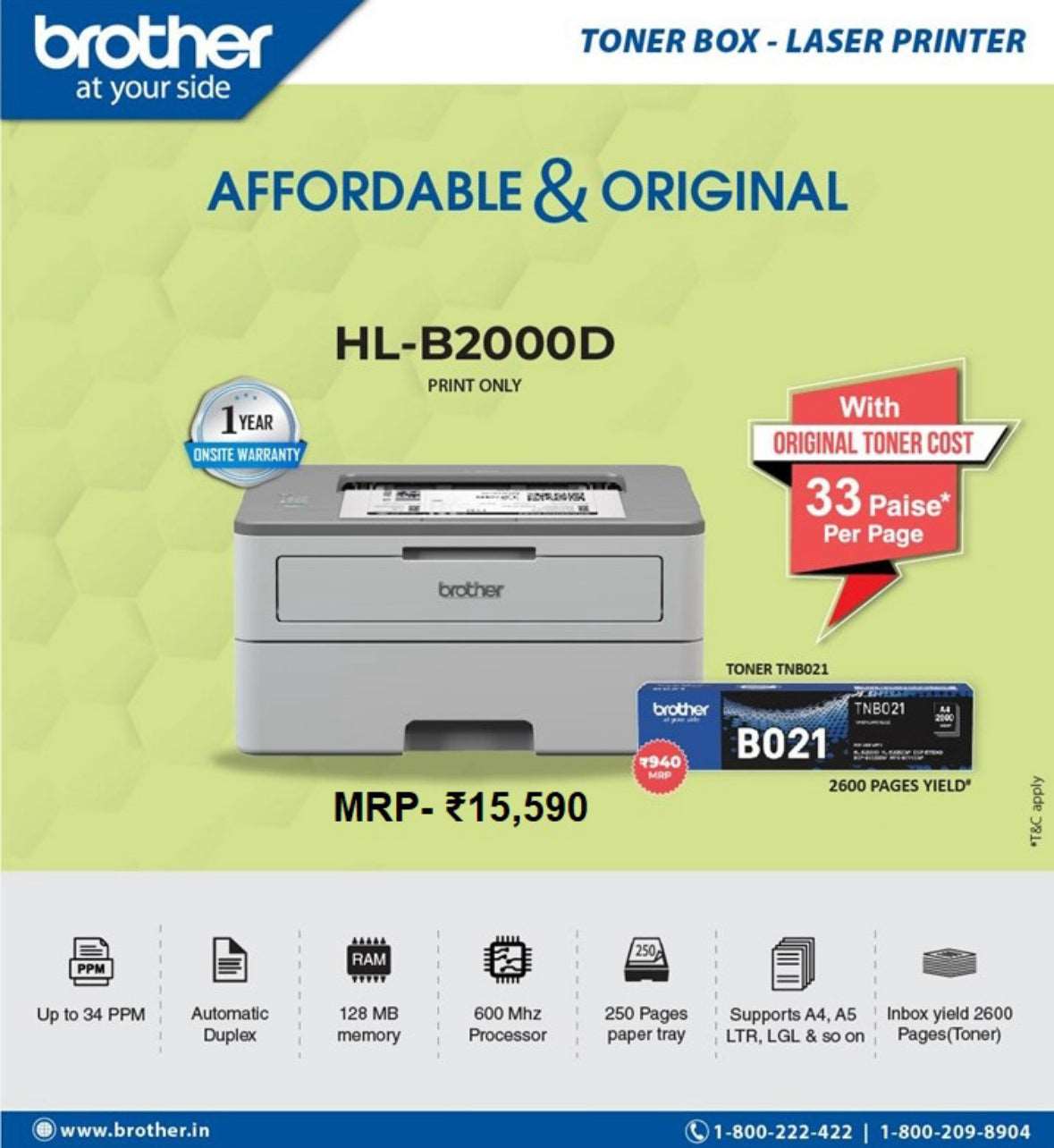 Brother HL-B2000D - Single Function Printer with Automatic 2-sided Printing! BROTHER