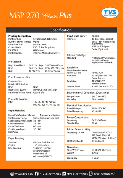 TVS MSP 270 Classic Plus Dot Matrix Printers TVS ELECTRONICS