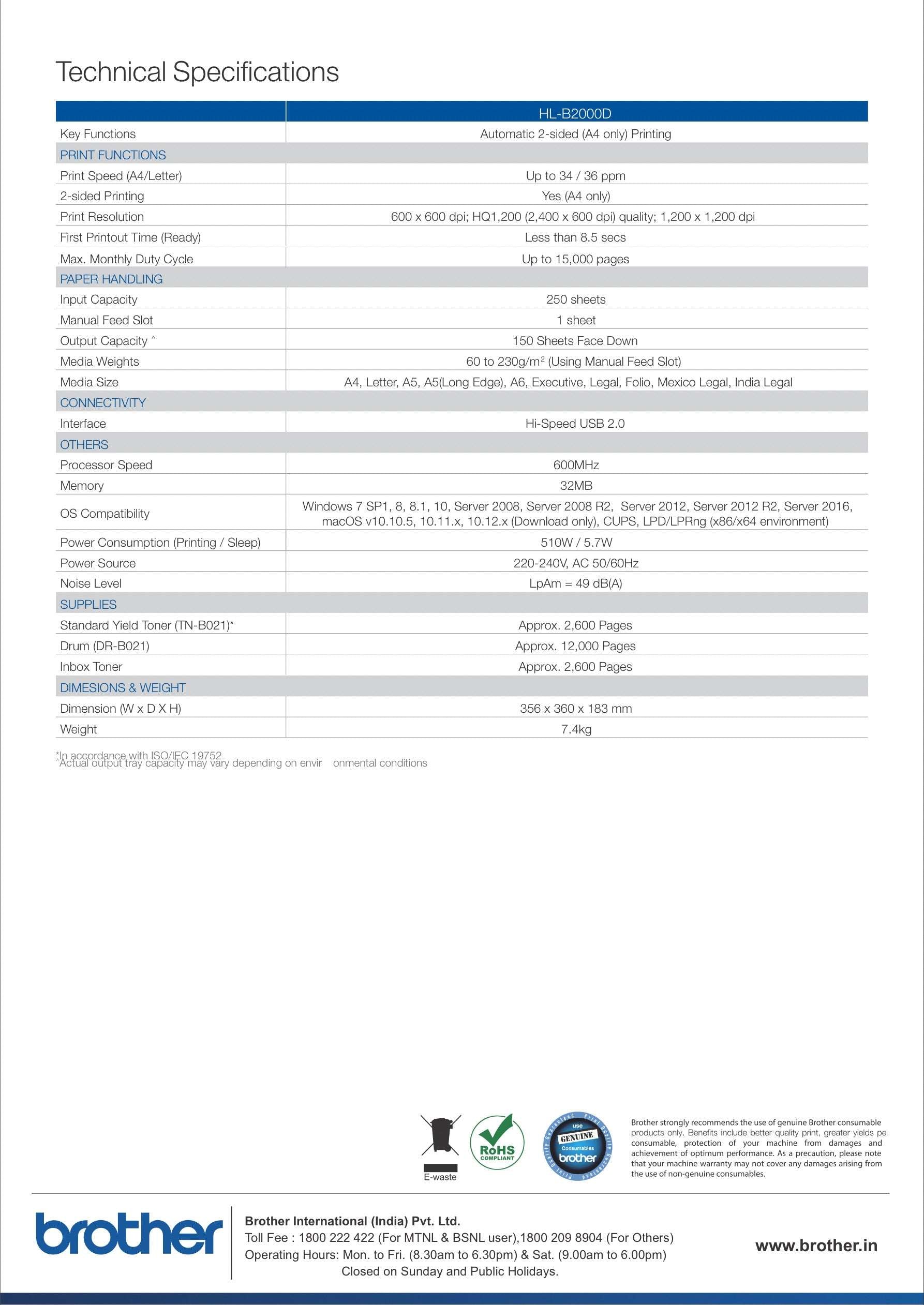 Brother HL-B2000D - Single Function Printer with Automatic 2-sided Printing! BROTHER