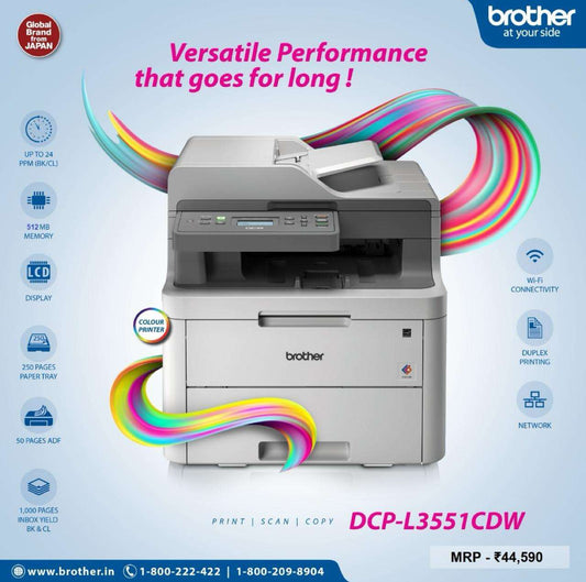 Brother DCP-L3551CDW: Wireless Colour LED 3-in-One, Duplex Mobile Print ADF BROTHER