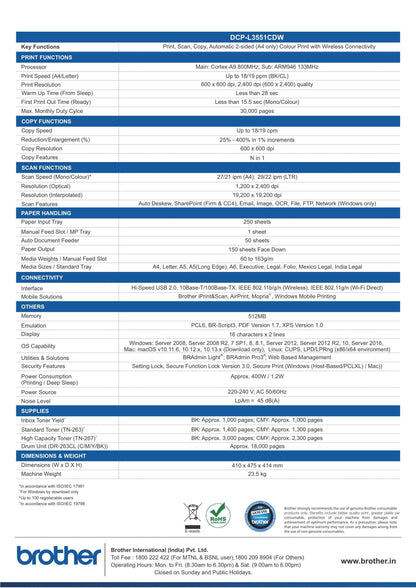 Brother DCP-L3551CDW: Wireless Colour LED 3-in-One, Duplex Mobile Print ADF BROTHER
