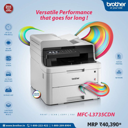 Brother MFC-L3735CDN : Network Colour LED All-in-One, Duplex Mobile Print ADF BROTHER