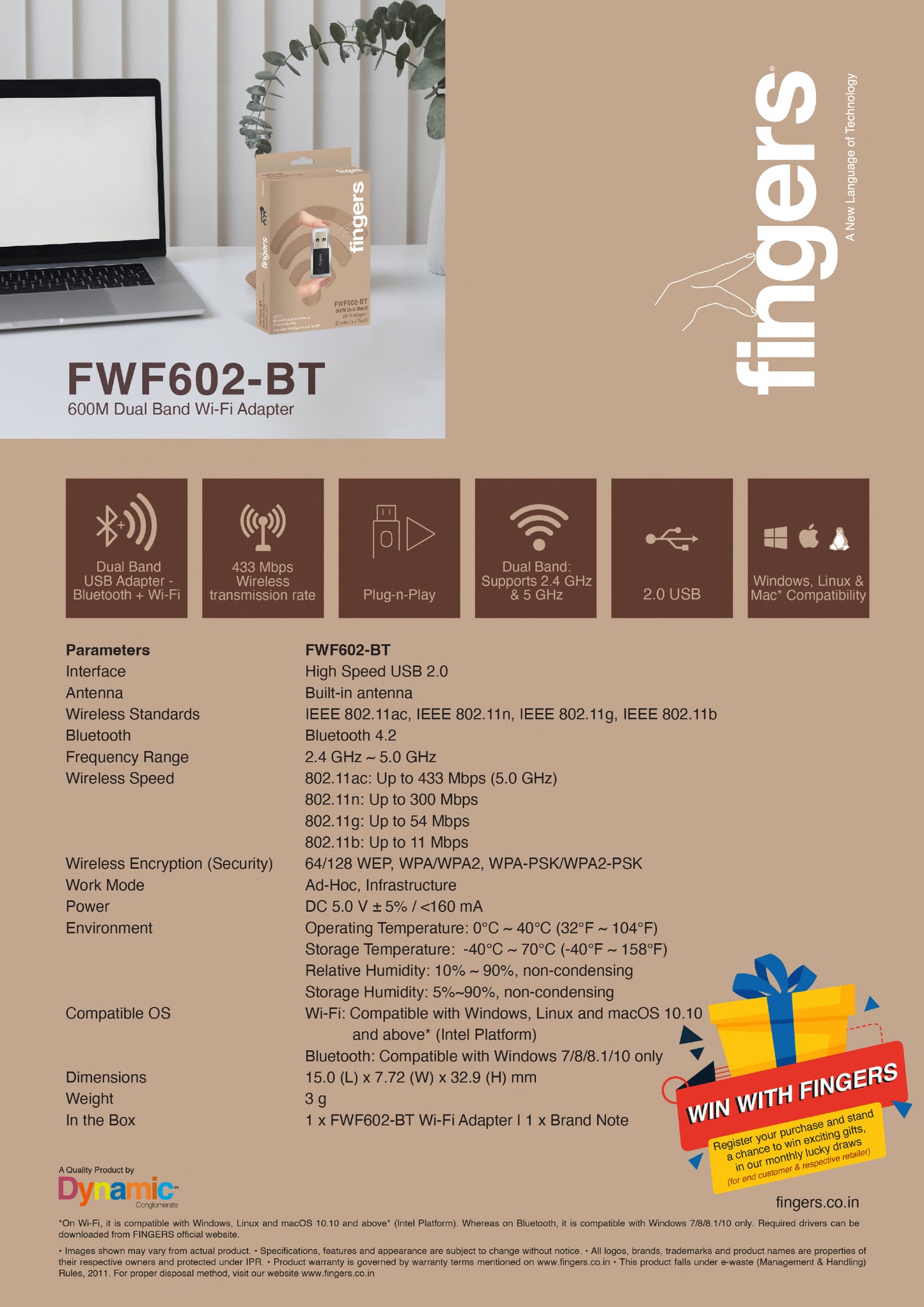 Fingers BT+WIFI USB Adapter FWF602-BT FINGERS