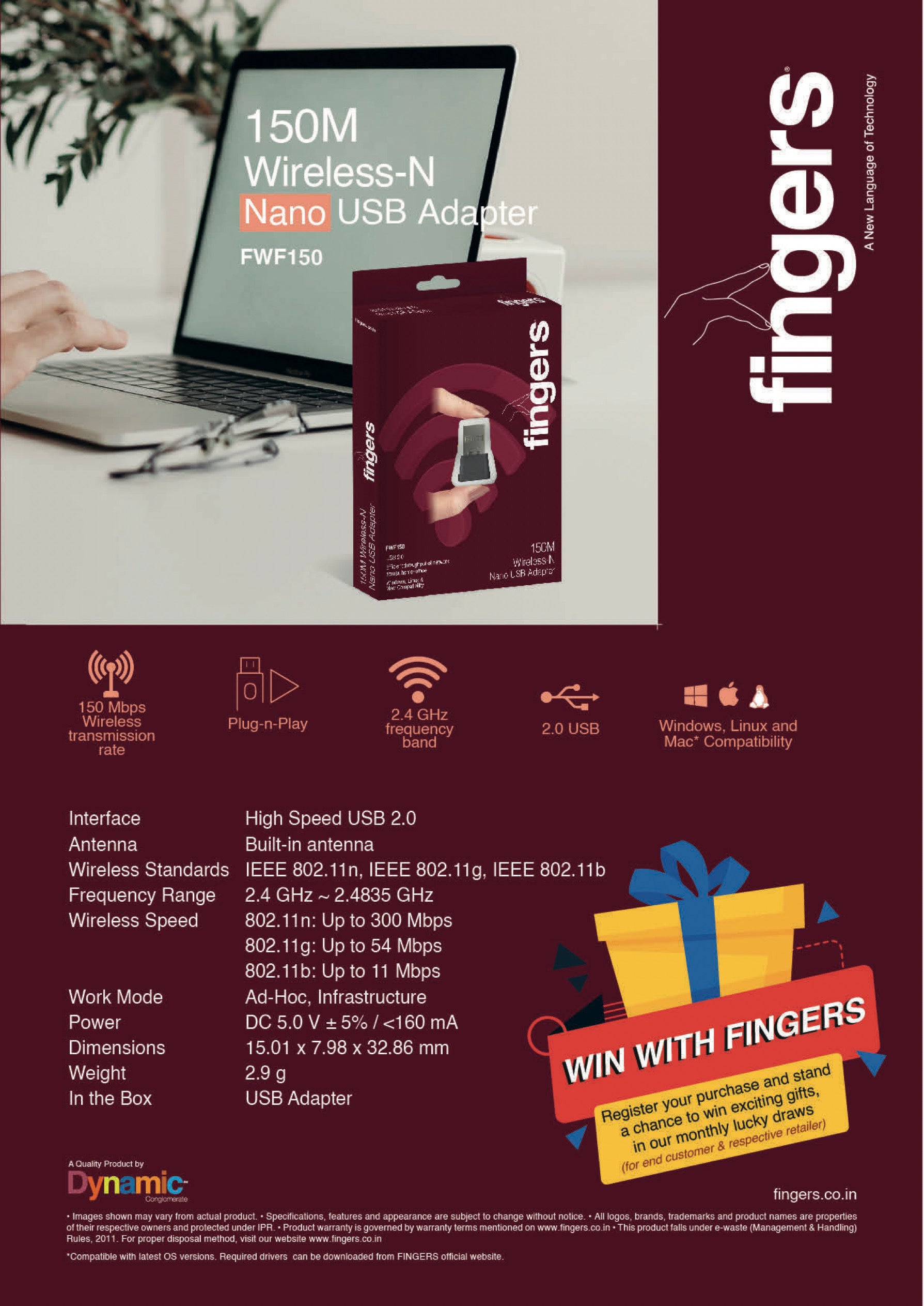 Fingers FWF150/ FWF300- Easy Wi-Fi - Just plug for 150/300Mbps Super Speed! FINGERS