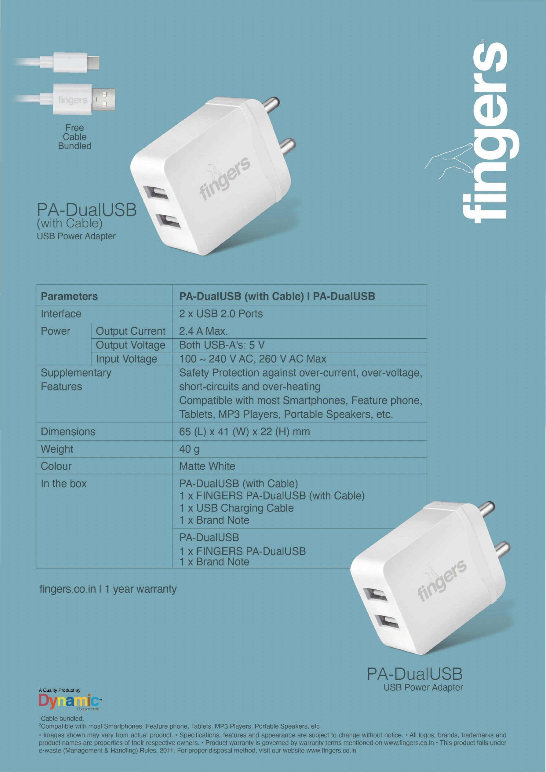 Fingers PA-DualUSB Adapter(with Micro USB Cable/ Type C Cable) FINGERS