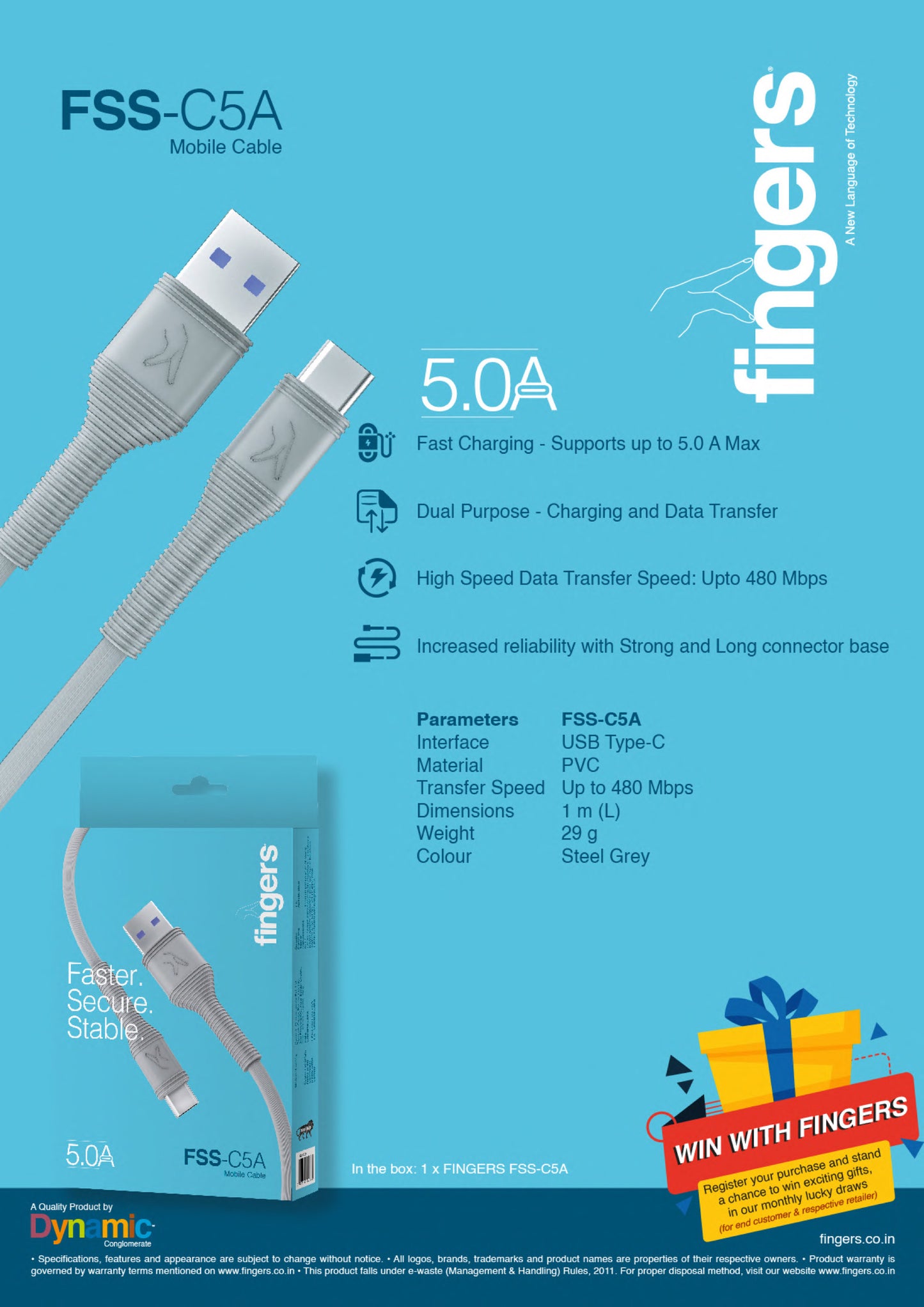 Fingers FSS-C5A- Type C Mobile Charging Cable FINGERS