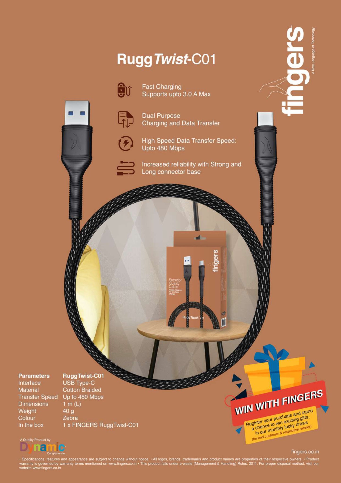 Fingers RuggTwist-C01 Mobile Charging Cable FINGERS